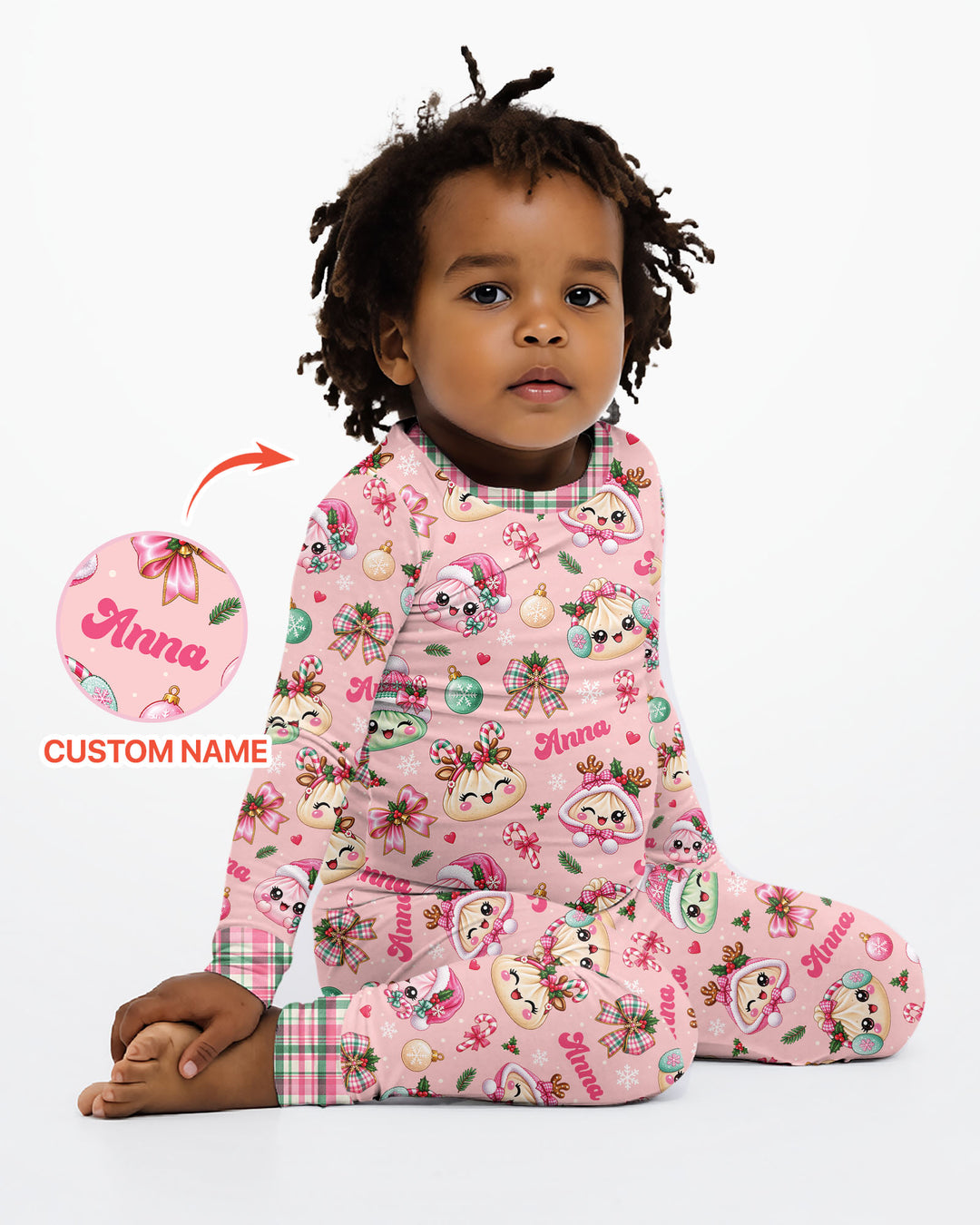 Custom Name Kawaii Christmas Dumpling Bamboo Two Piece Long Sleeve Pajama Set
