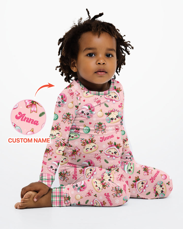 Custom Name Kawaii Christmas Dumpling Bamboo Two Piece Long Sleeve Pajama Set