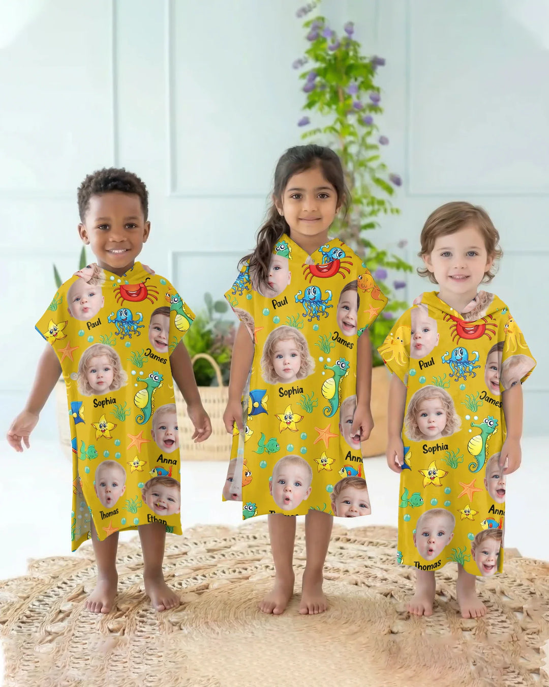 Custom Photo Cute Kid Face Watercolor Sea Creatures Summery Bamboo Swim Poncho