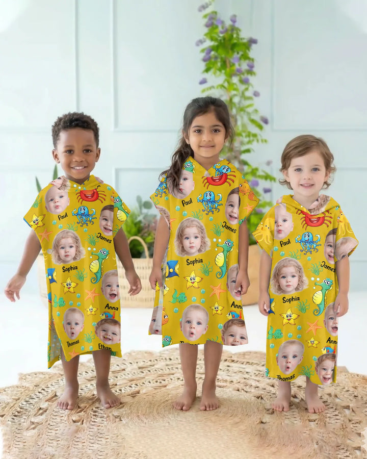 Custom Photo Cute Kid Face Watercolor Sea Creatures Summery Bamboo Swim Poncho