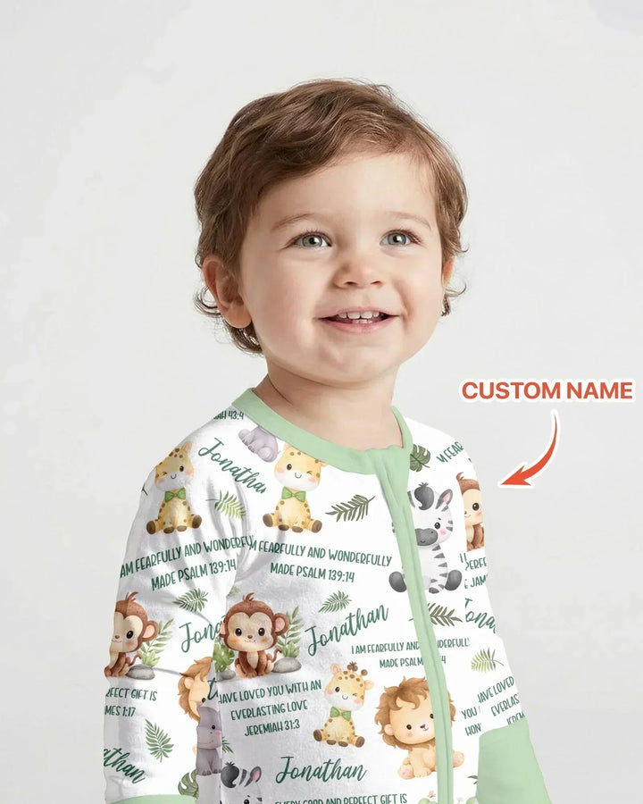 Custom Name Bible Verse Safari Animal Bamboo Two Piece Long Sleeve Pajama Set