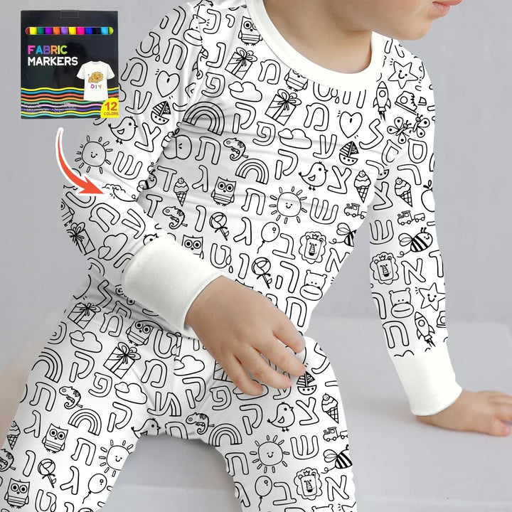 Hebrew Alphabet Colorable Bamboo Two Piece Long Sleeve Pajama Set