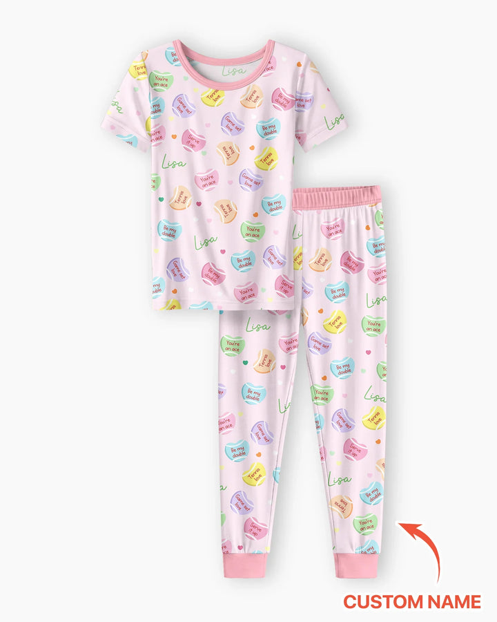 Custom Name Tennis Candy Hearts Bamboo Two Piece Short Sleeve Pajama Set
