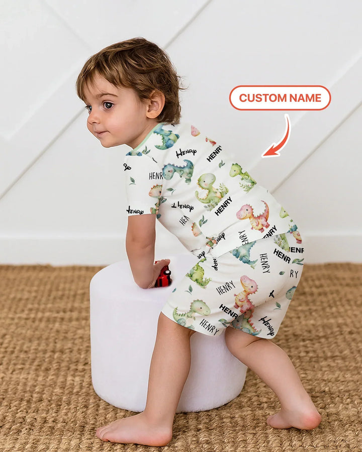 Dinosaur Custom Name Bamboo Two Piece Short Sleeve Shorts Pajama Set