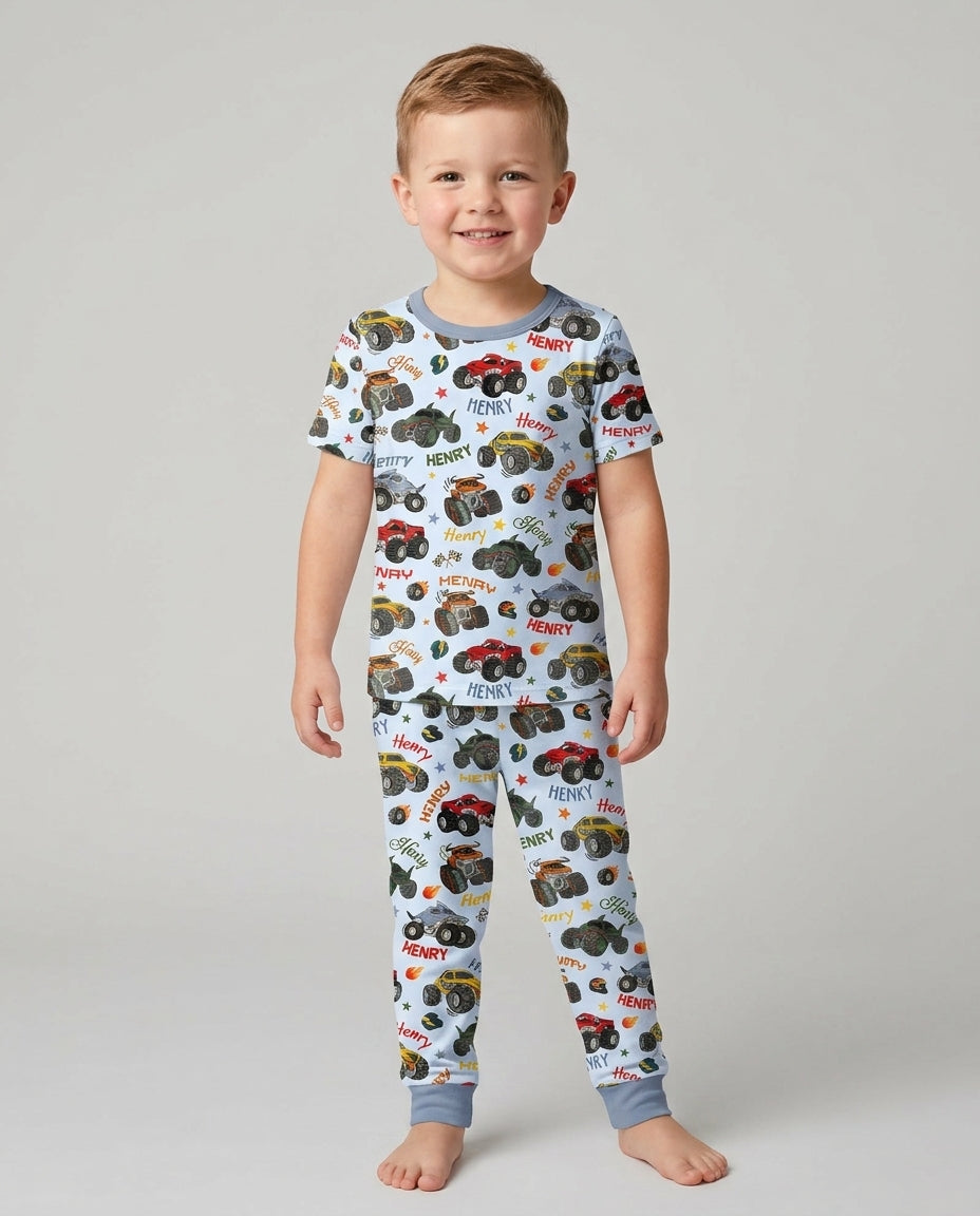 Personalized Monster Truck Bamboo Two Piece Short Sleeve Pajama Set