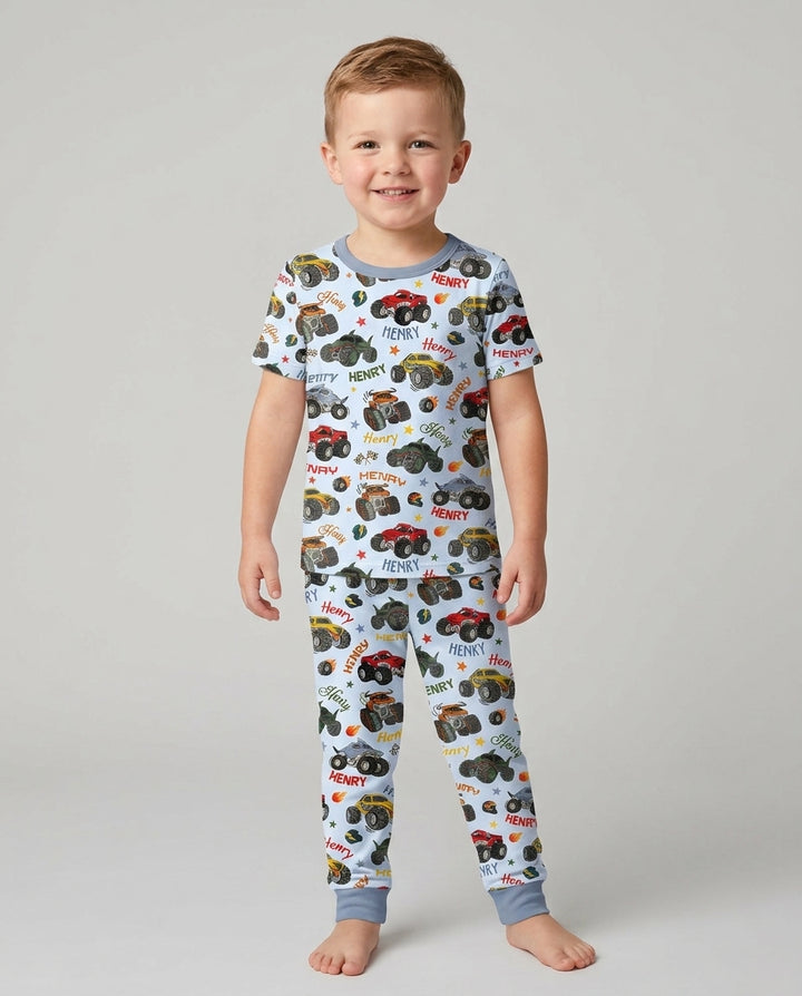 Personalized Monster Truck Bamboo Two Piece Short Sleeve Pajama Set