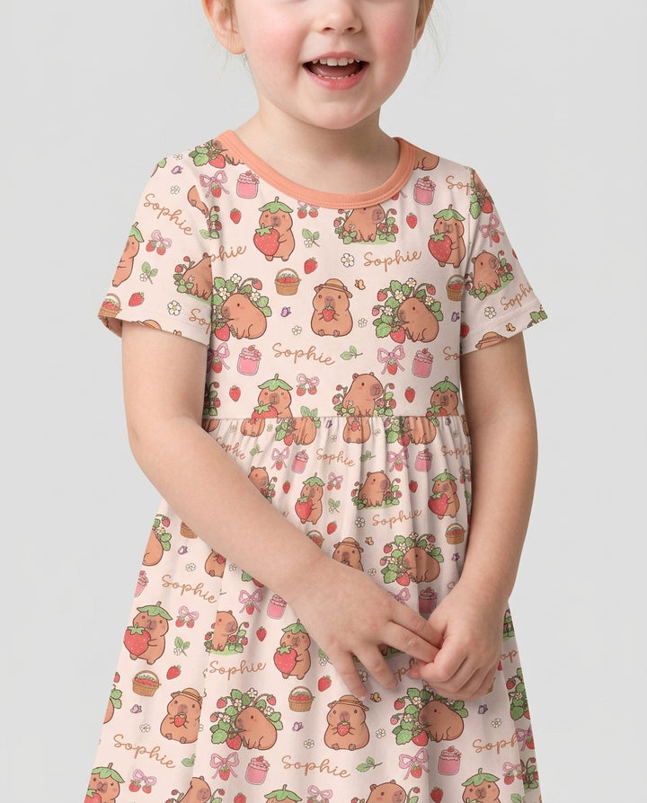 Custom Name Capybara Strawberry Bamboo Twirl Dress