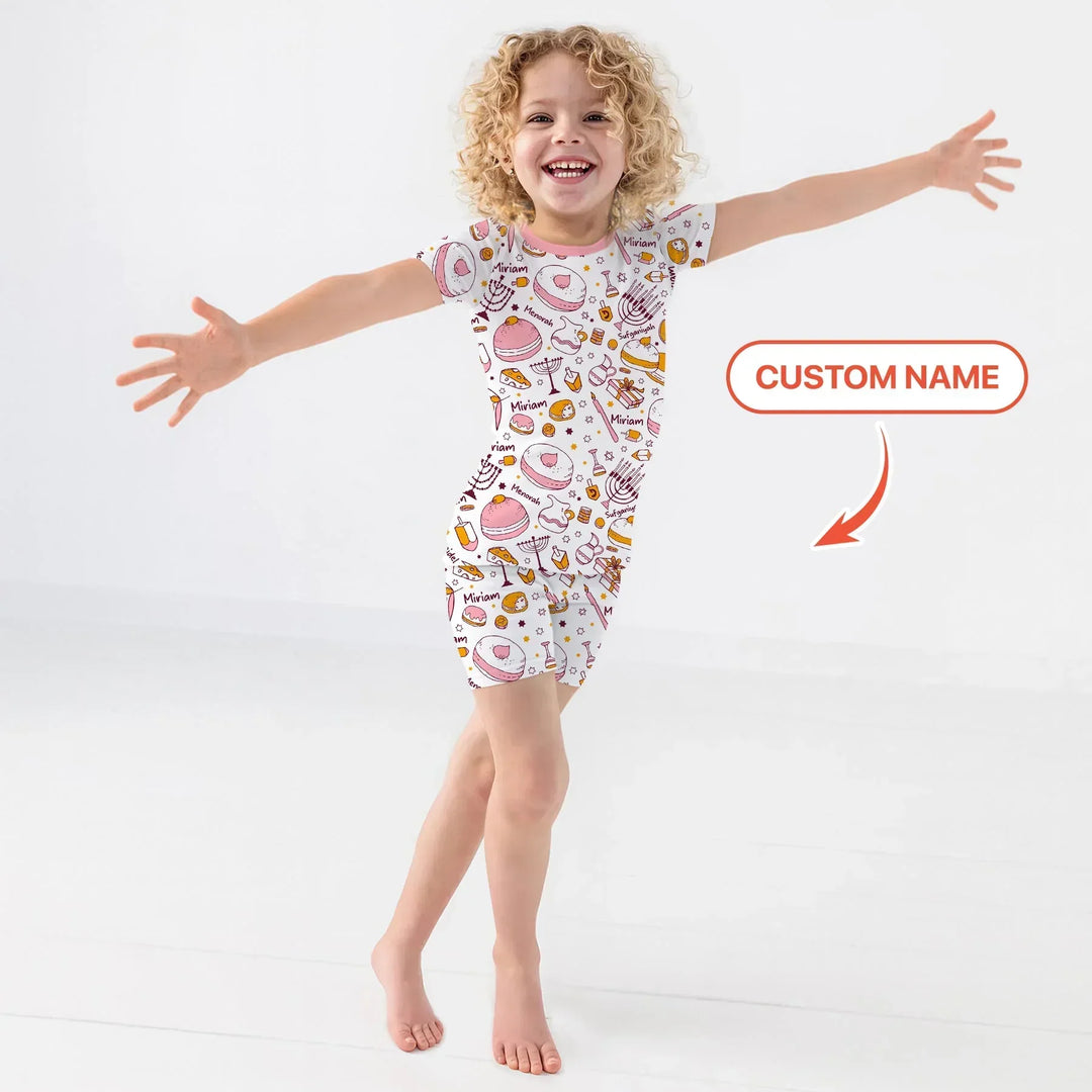Happy Hanukkah Doodles Custom Name Family Matching Bamboo Two Piece Short Sleeve Shorts Pajama Set