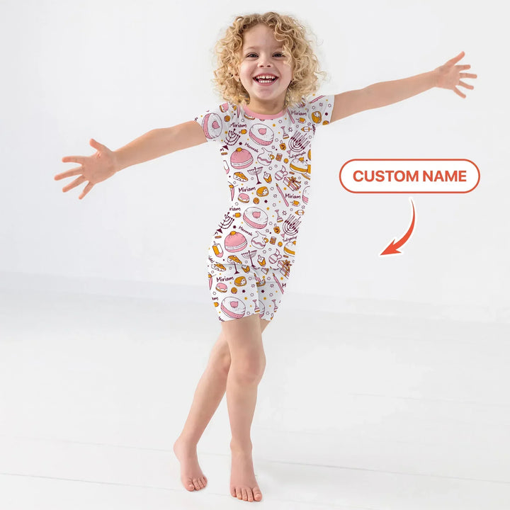 Happy Hanukkah Doodles Custom Name Family Matching Bamboo Two Piece Short Sleeve Shorts Pajama Set