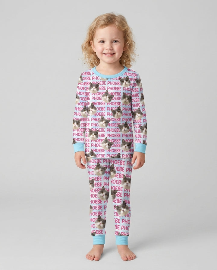 Custom Pet Photo With Name Watercolor Bamboo Two Piece Long Sleeve Pajama Set