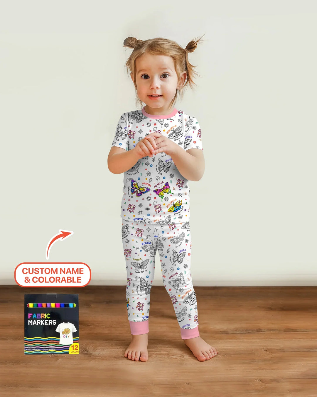Colorable Custom Name God Says I Am Butterfly Bamboo Two Piece Short Sleeve Pajama Set