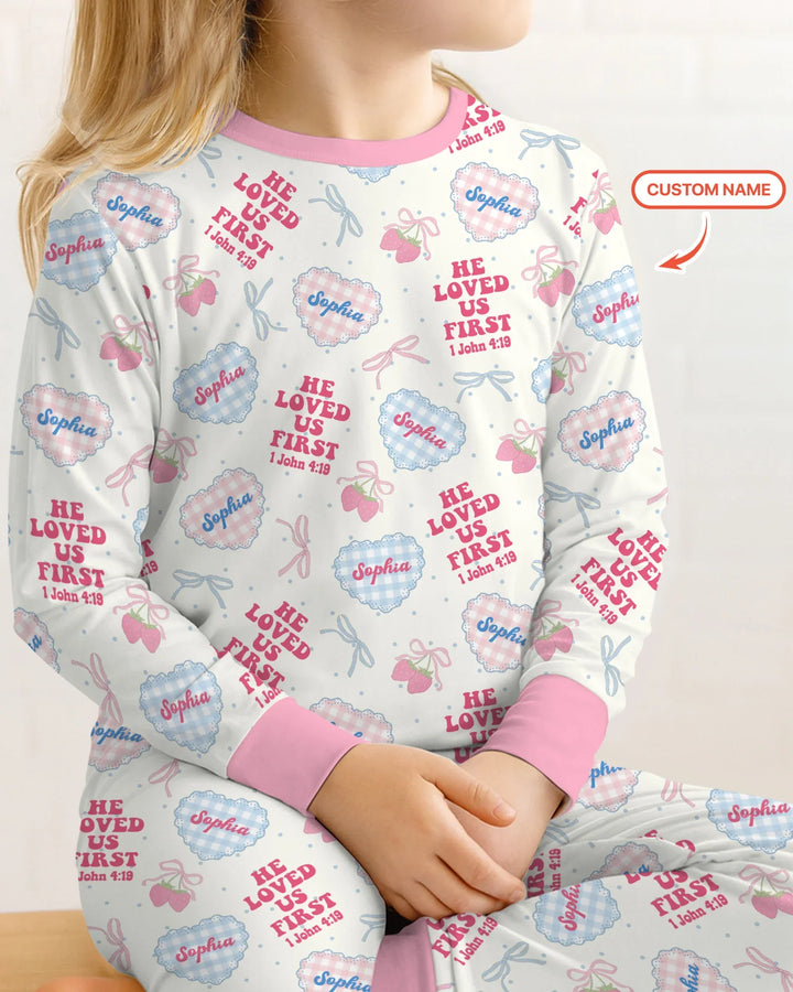 He Loved Us First Custom Name Bamboo Two Piece Long Sleeve Pajama Set