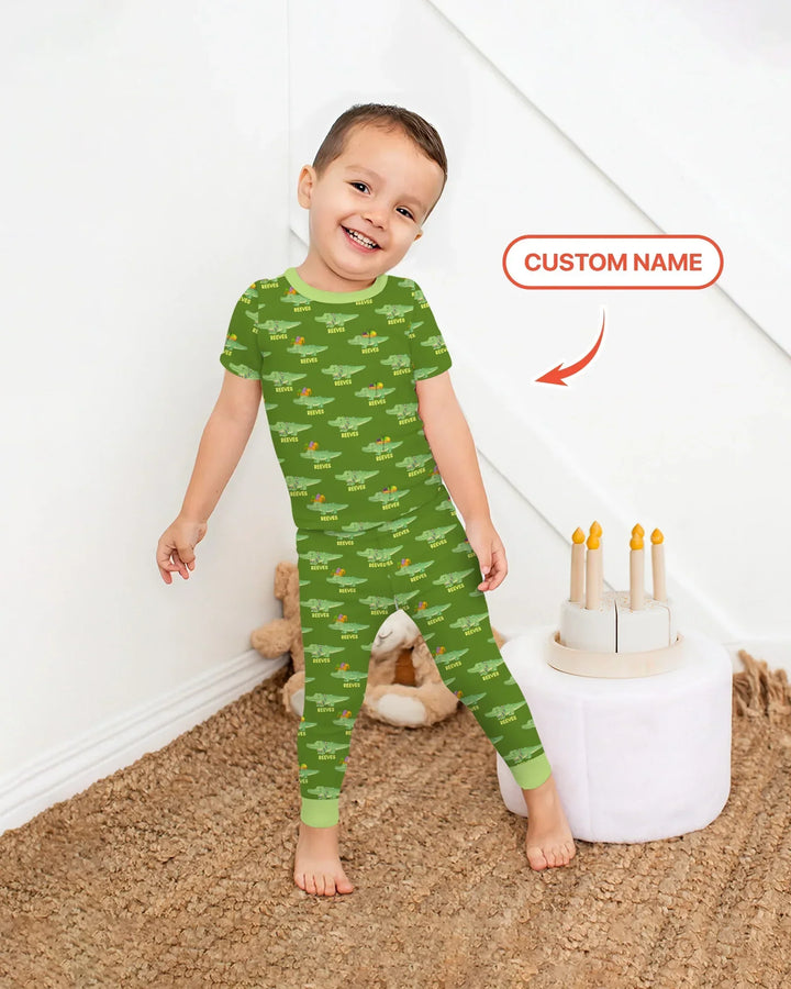 Custom Name Mardi Gras Gator Bamboo Two Piece Short Sleeve Pajama Set