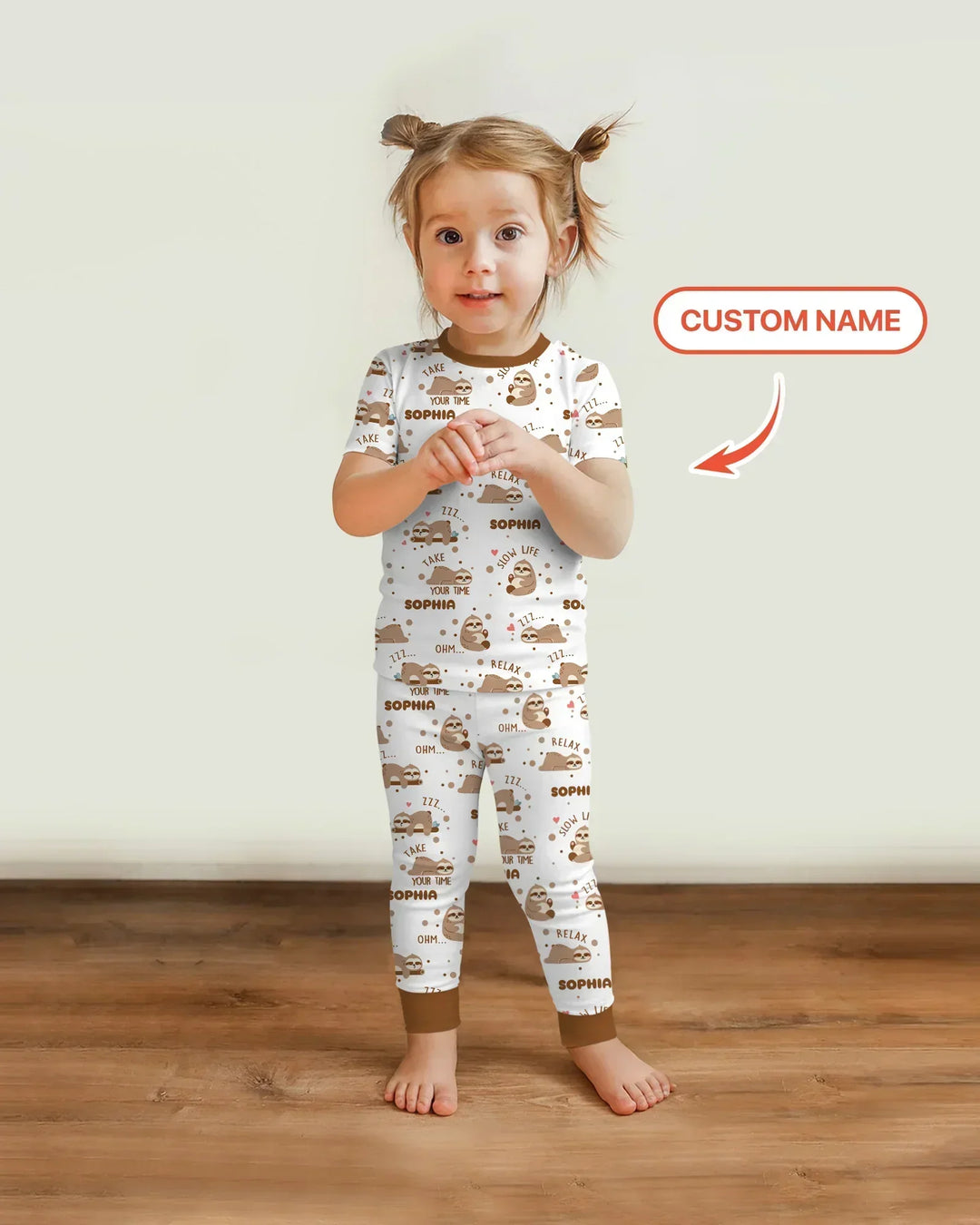 Custom Name Cute Sloth Bamboo Two Piece Short Sleeve Pajama Set