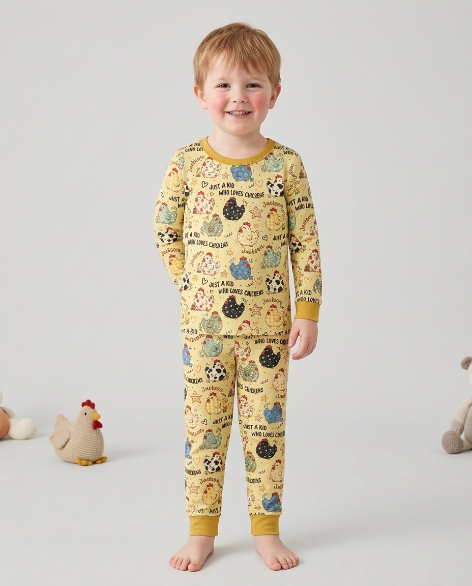 Custom Name Just A Kid Who Loves Chickens Bamboo Two Piece Long Sleeve Pajama Set
