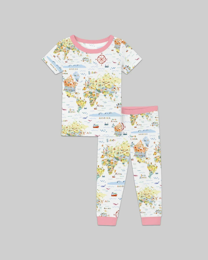 Whimsical World Map Family Matching Bamboo Two Piece Short Sleeve Pajama Set