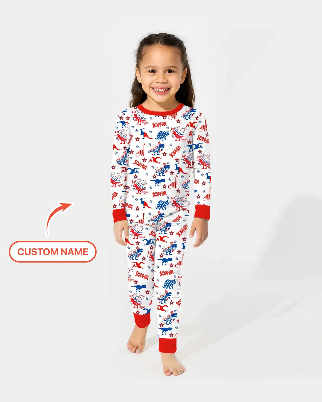 Custom Name Patriotic Dinosaur Bamboo Two Piece Long Sleeve Pajama Set