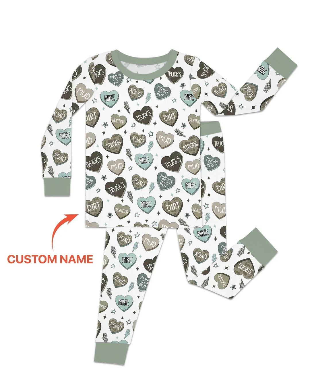 Personalized Camo Candy Hearts Bamboo Two Piece Long Sleeve Pajama Set
