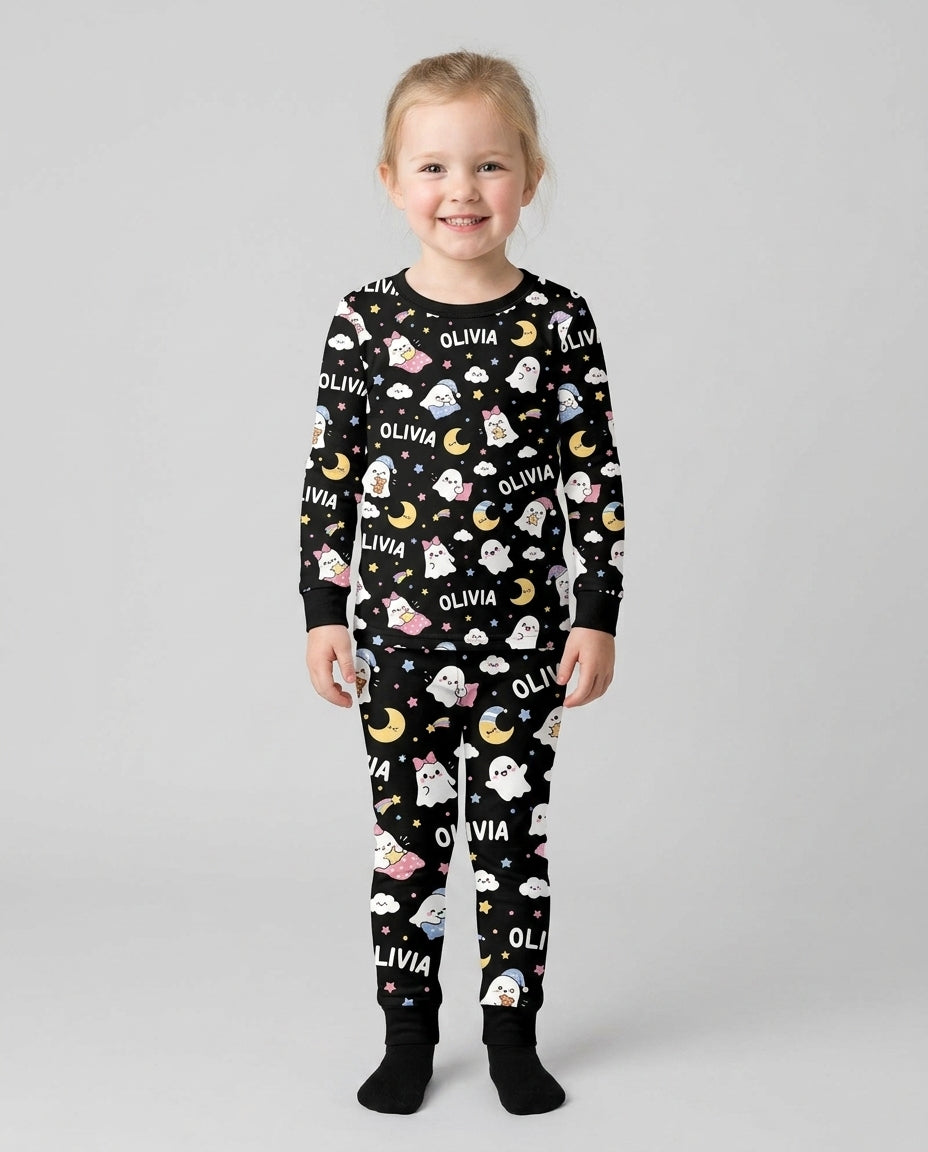 Sweet Dreams Cute Ghost Custom Name Bamboo Two Piece Long Sleeve Pajama Set