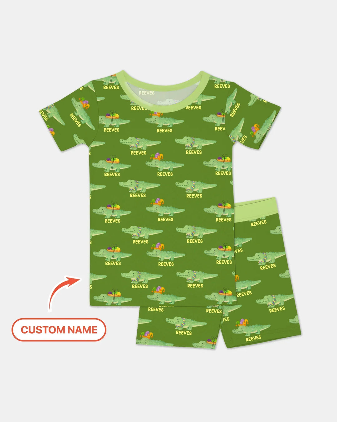 Custom Name Mardi Gras Gator Bamboo Two Piece Short Sleeve Shorts Pajama Set