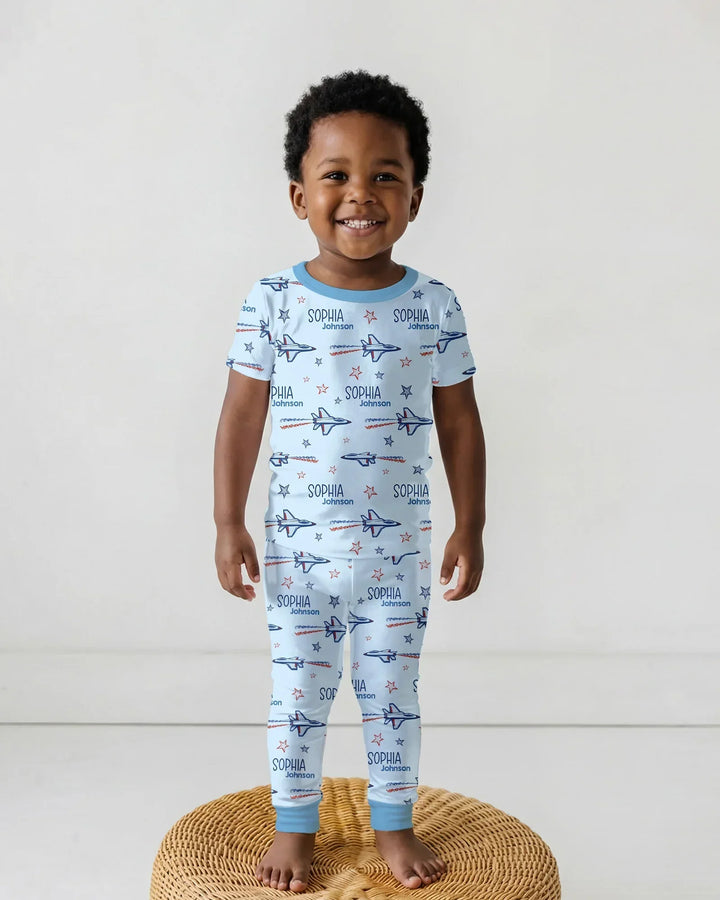 Patriotic American Flag Jet Fighter Bamboo Two Piece Short Sleeve Pajama Set