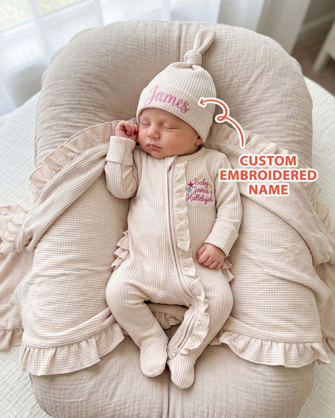 Personalized Baby Hallelujah Embroidered Waffle Ruffle Bamboo Zipper Footie