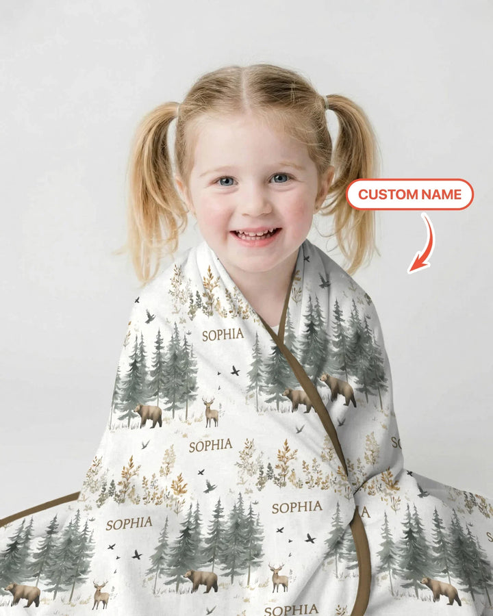 Custom Name Forest Bear Deer Bamboo Blanket