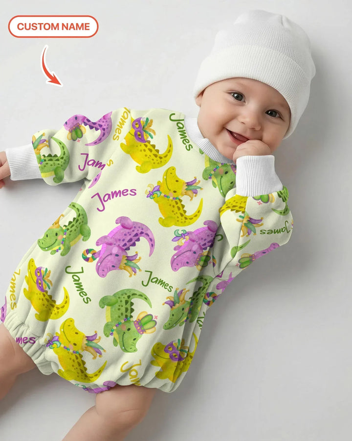 Custom Name Mardi Gras Alligator Bamboo Bubble Romper