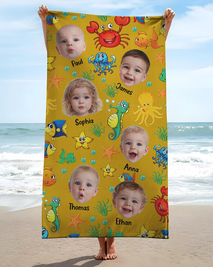 Custom Photo Cute Kid Face Watercolor Sea Creatures Summery Bamboo Beach Towel