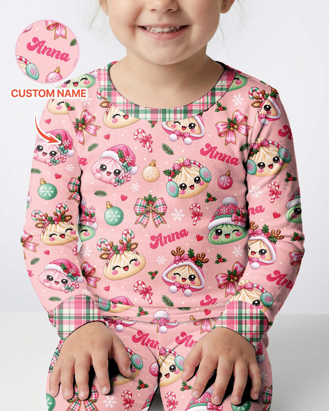 Custom Name Kawaii Christmas Dumpling Bamboo Two Piece Long Sleeve Pajama Set