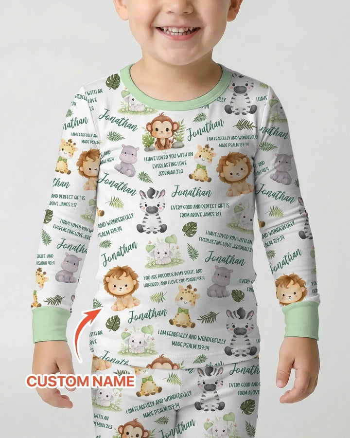 Custom Name Bible Verse Safari Animal Bamboo Two Piece Long Sleeve Pajama Set