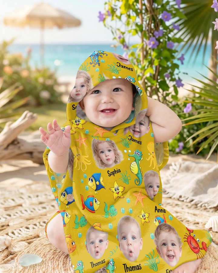 Custom Photo Cute Kid Face Watercolor Sea Creatures Summery Bamboo Swim Poncho