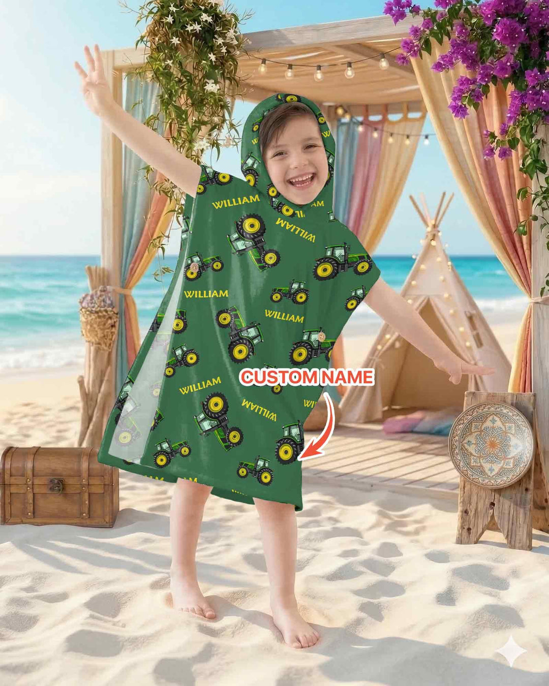 Custom Name Green Tractors Matching Daddy & Me Bamboo Swim Poncho