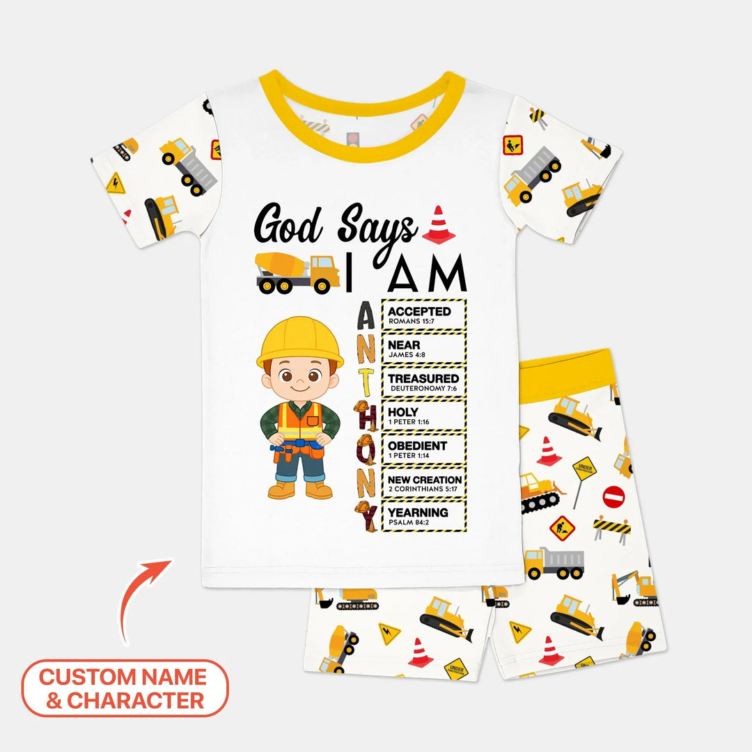 Custom Name God Says I Am Little Builder Letter in Bible Bamboo Two Piece Short Sleeve Shorts Pajama Set