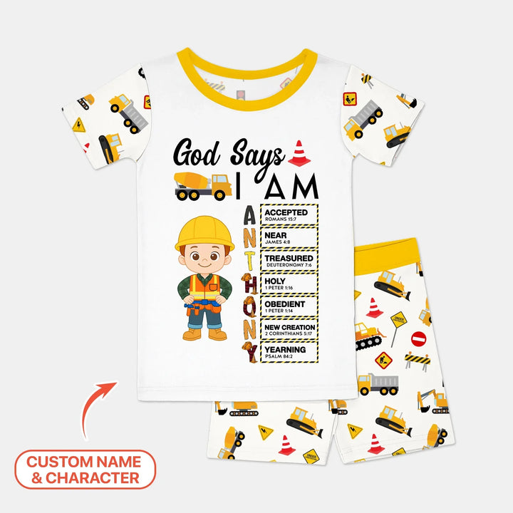 Custom Name God Says I Am Little Builder Letter in Bible Bamboo Two Piece Short Sleeve Shorts Pajama Set