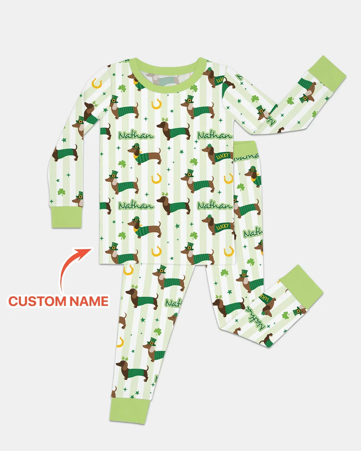 Lucky Dachshunds St. Patrick's Day Family Matching Bamboo Two Piece Long Sleeve Pajama Set