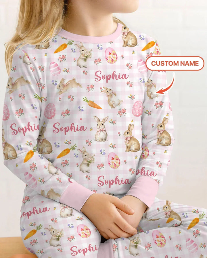 Custom Name Bunny Garden Bamboo Two Piece Long Sleeve Pajama Set