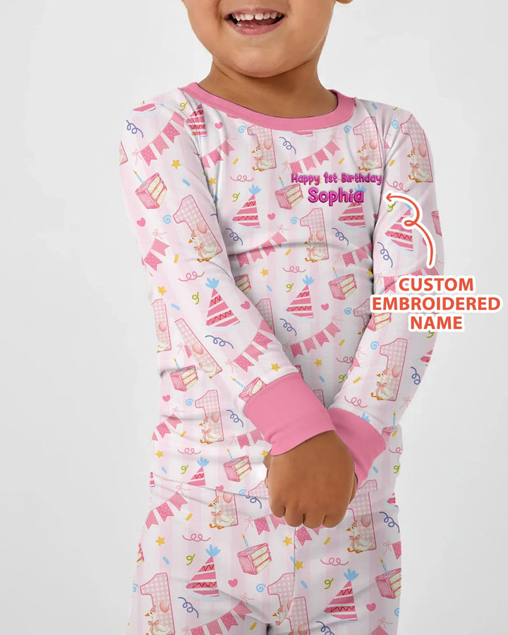 1st Birthday Girl Embroidered Baby Bamboo Two Piece Long Sleeve Pajama Set