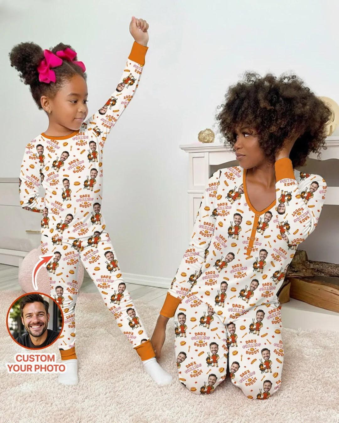 Custom Photo Dad's Grilling Buddy Family Matching Bamboo Two Piece Long Sleeve Pajama Set