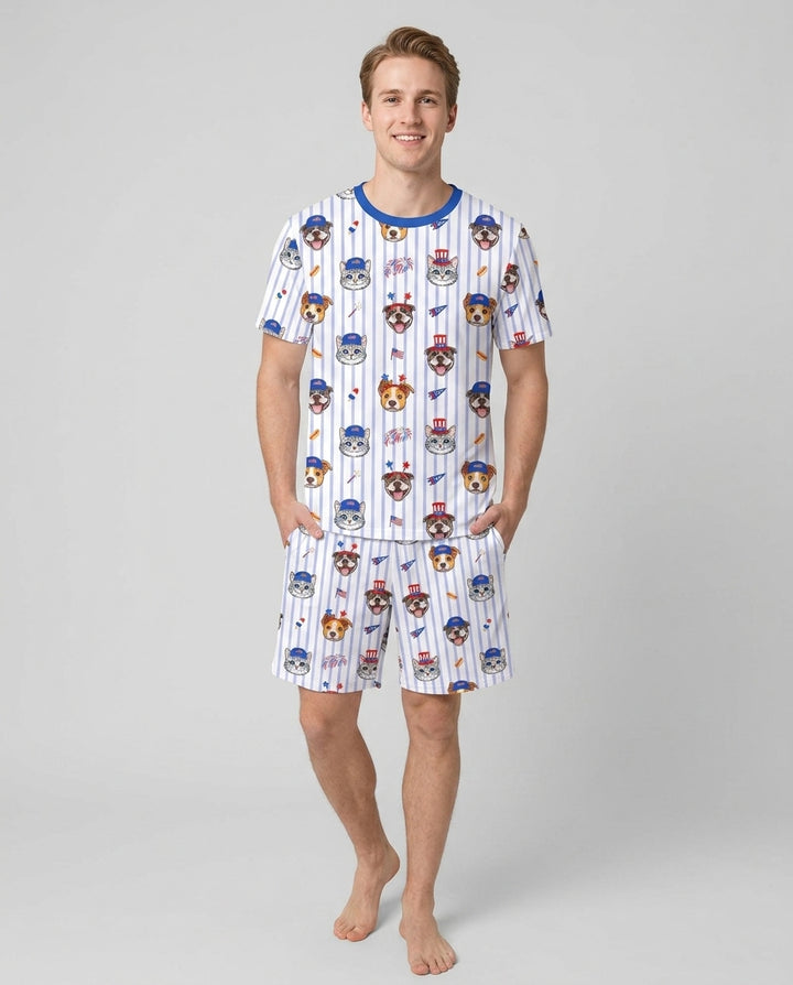 Custom Pet Image 4th of July Family Matching Bamboo Men Short Sleeve Short Pajama Set
