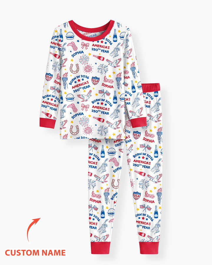 Born in 2026 America’s 250th Year Custom Name Bamboo Two Piece Long Sleeve Pajama Set