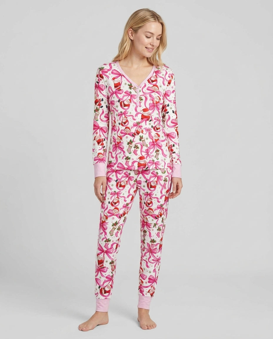 Pink Christmas Santa Bows Bamboo Women Pajama Set