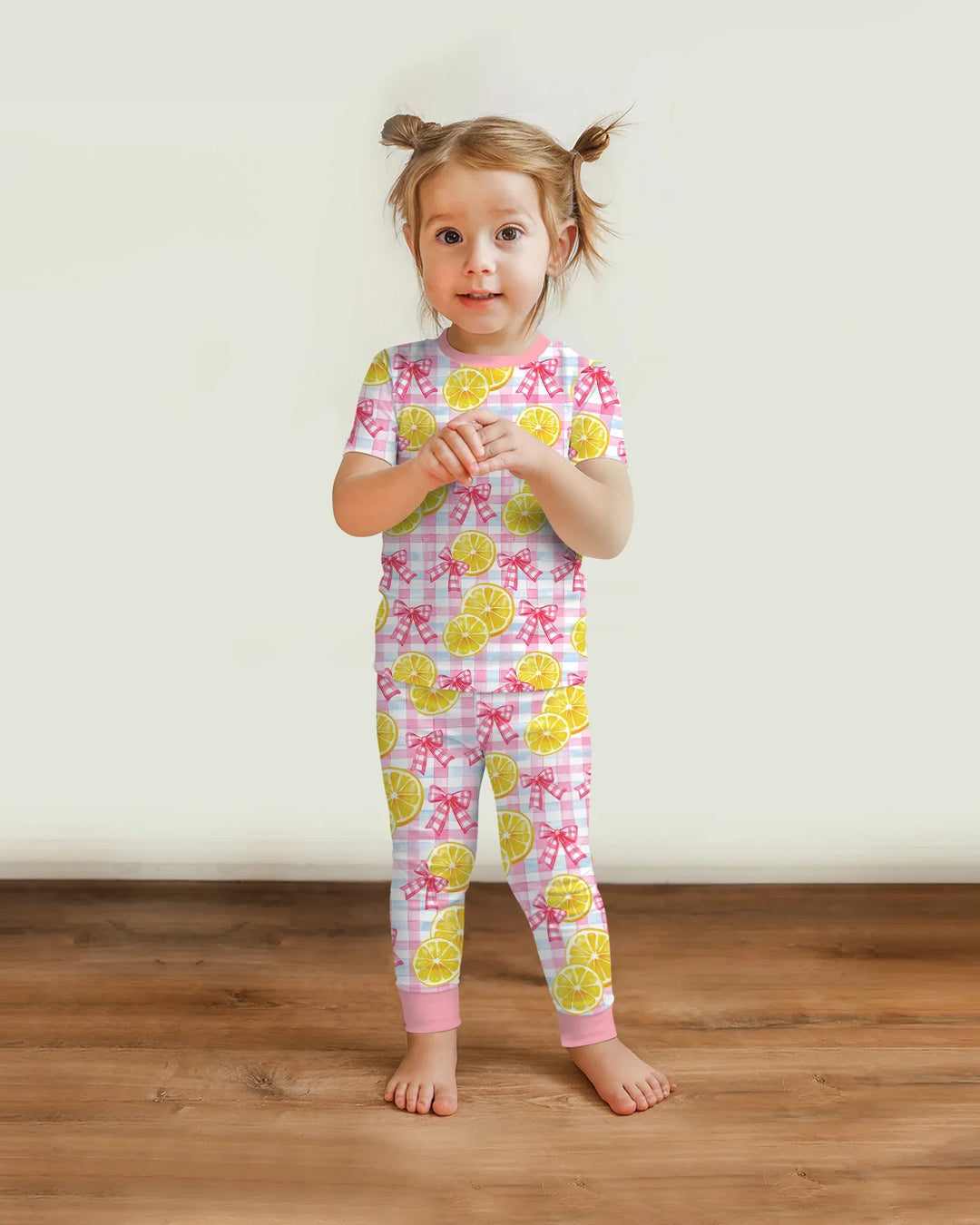 Pink Lemons Bows Checkered Bamboo Two Piece Short Sleeve Pajama Set