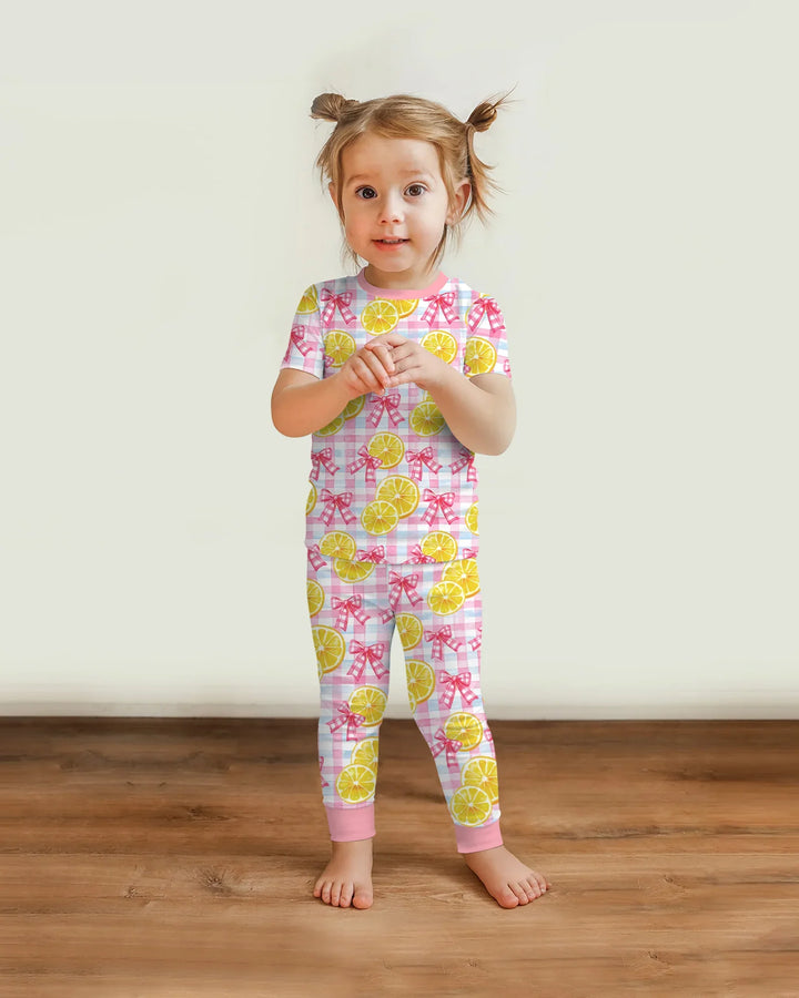 Pink Lemons Bows Checkered Bamboo Two Piece Short Sleeve Pajama Set