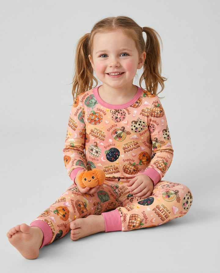Custom Name You're A Glitter Pumpkin Bamboo Two Piece Long Sleeve Pajama Set
