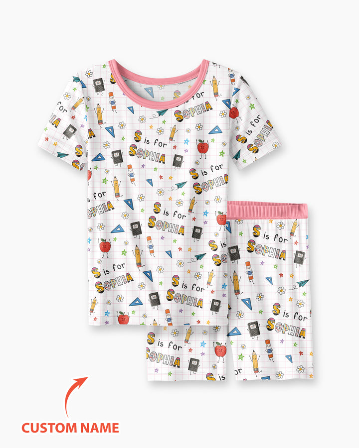 Personalized Back To School Bamboo Two Piece Short Sleeve Shorts Pajama Set
