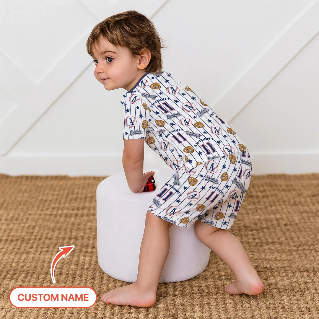 Custom Name Baseball Time Bamboo Two Piece Short Sleeve Shorts Pajama Set