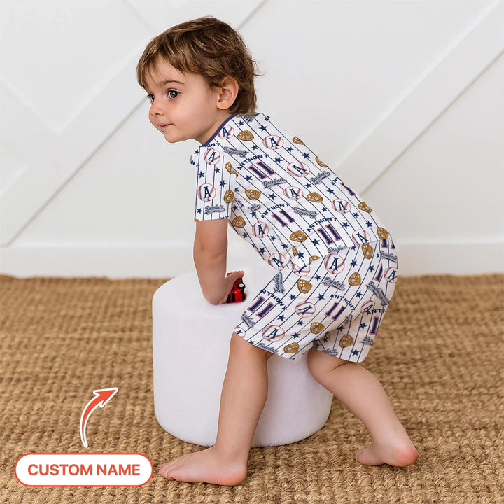 Custom Name Baseball Time Bamboo Two Piece Short Sleeve Shorts Pajama Set