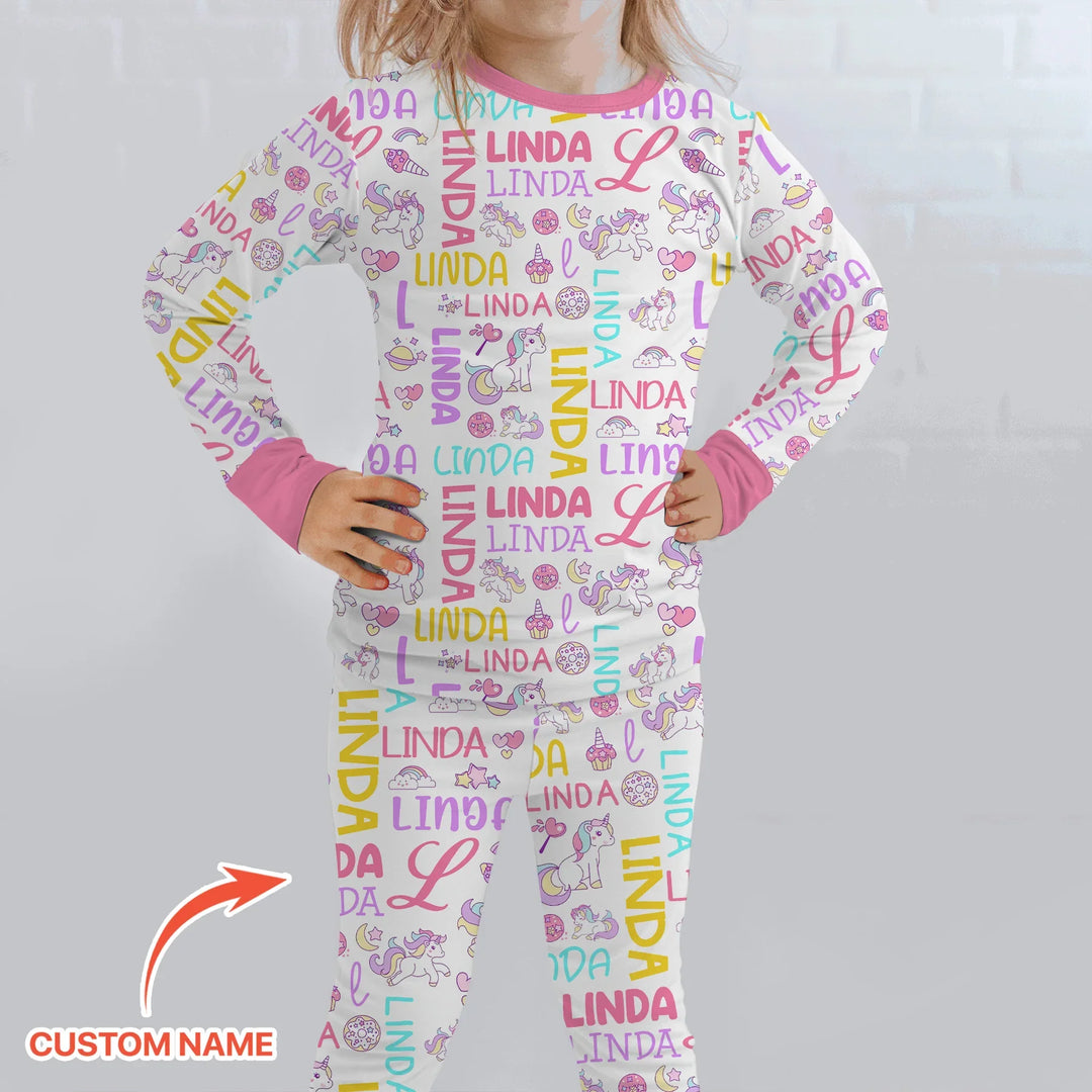 Personalized Fantasy Unicorn Word Bamboo Two Piece Long Sleeve Pajama Set