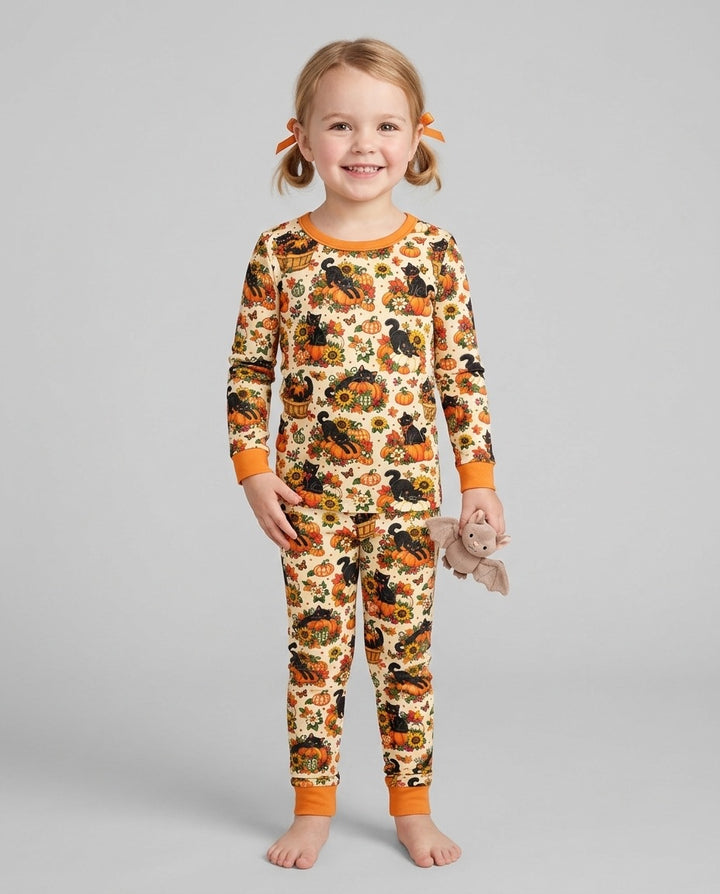 Vintage Black Cat Pumpkin Fall Bamboo Two Piece Long Sleeve Pajama Set